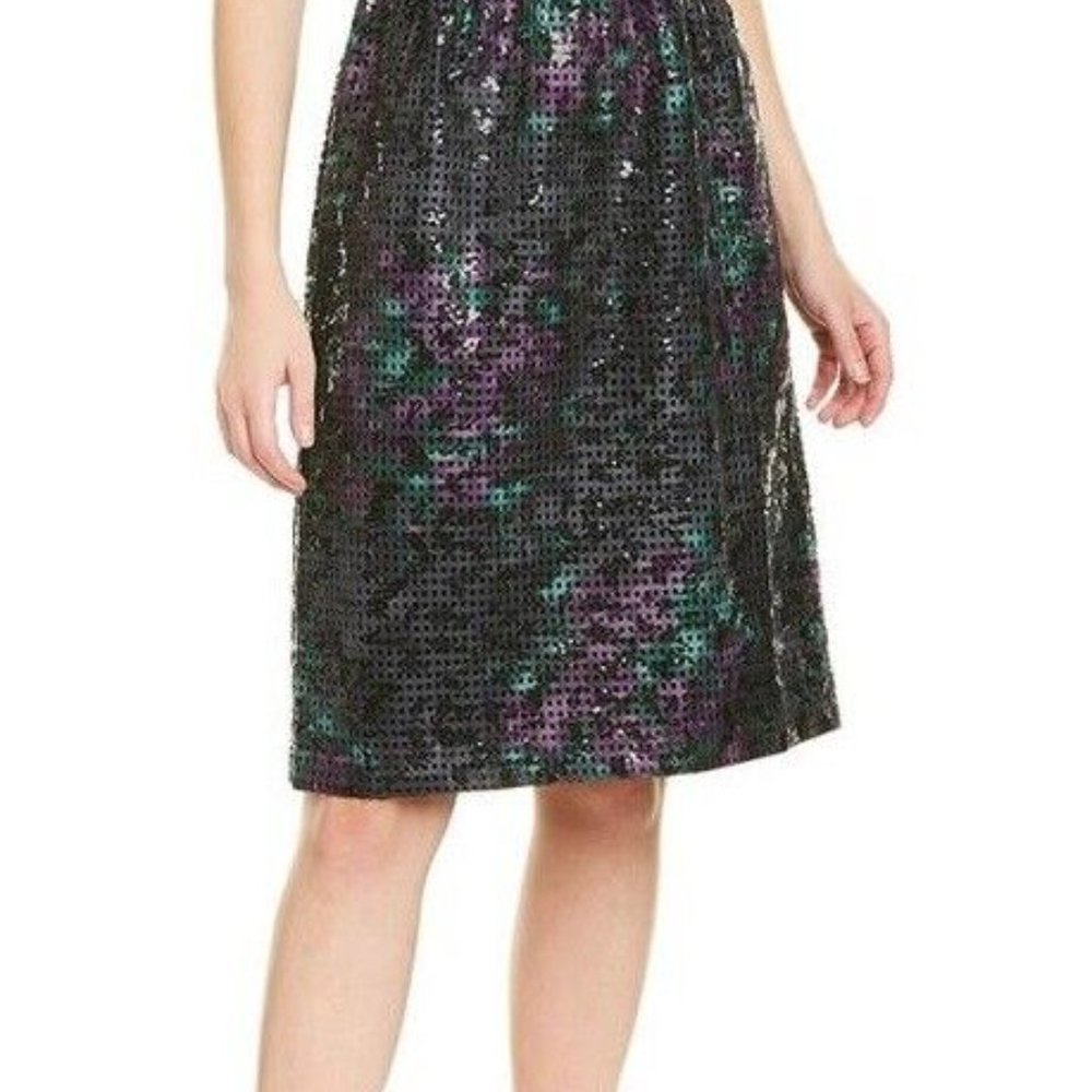 NWT TRINA TURK PETUNIA BLACK, GREEN & PURPLE EYELET SHEATH DRESS SIZE 4